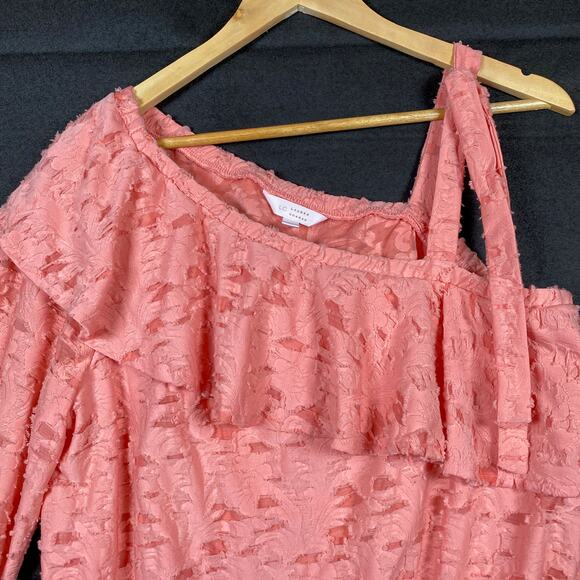 Lauren Conrad Womens Blouse Peach Coral One Shoulder Ruffle Fringe Stretch L - Picture 2 of 15